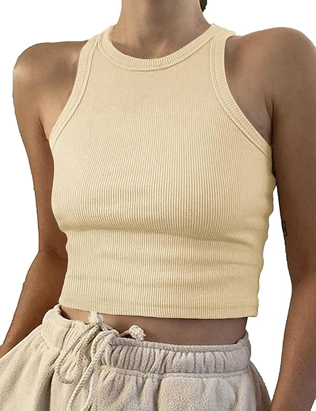 Artfish Women Casual Basic Sleeveless High Neck Rib-Knit Y2k Crop Tank Top