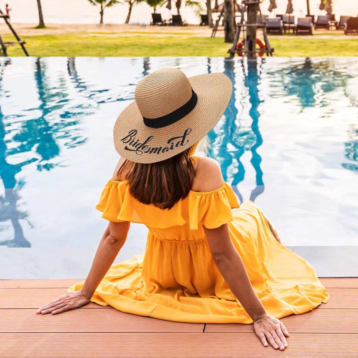 Geyoga 7 Pcs Bride and Bridesmaid Sun Hat Bulk Foldable Floppy Women Hat for Bachelorette Party Gift Honeymoon
