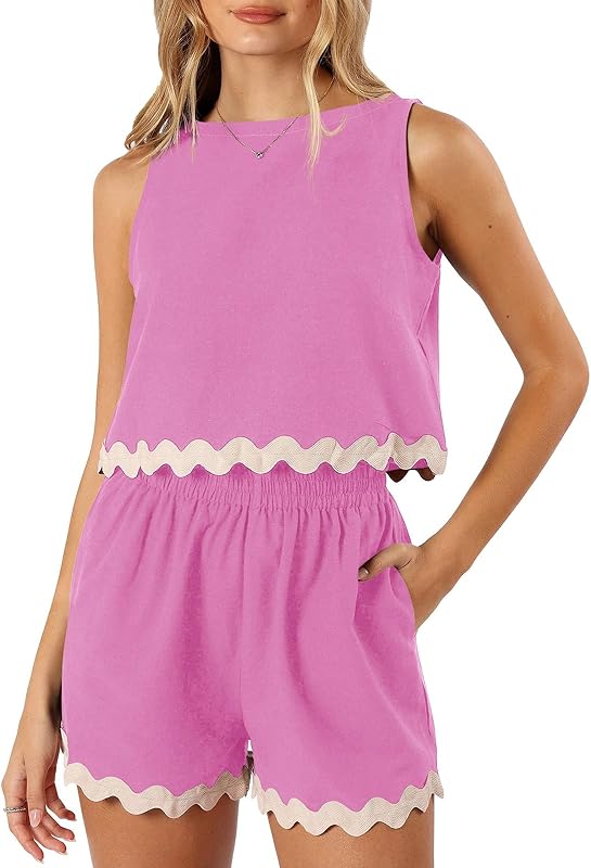Tankaneo Womens 2 Piece Vacation Outfits Lounge Sets Casual Cropped Tank Tops Shorts Matching Set