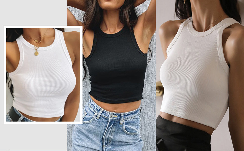Artfish Women Casual Basic Sleeveless High Neck Rib-Knit Y2k Crop Tank Top