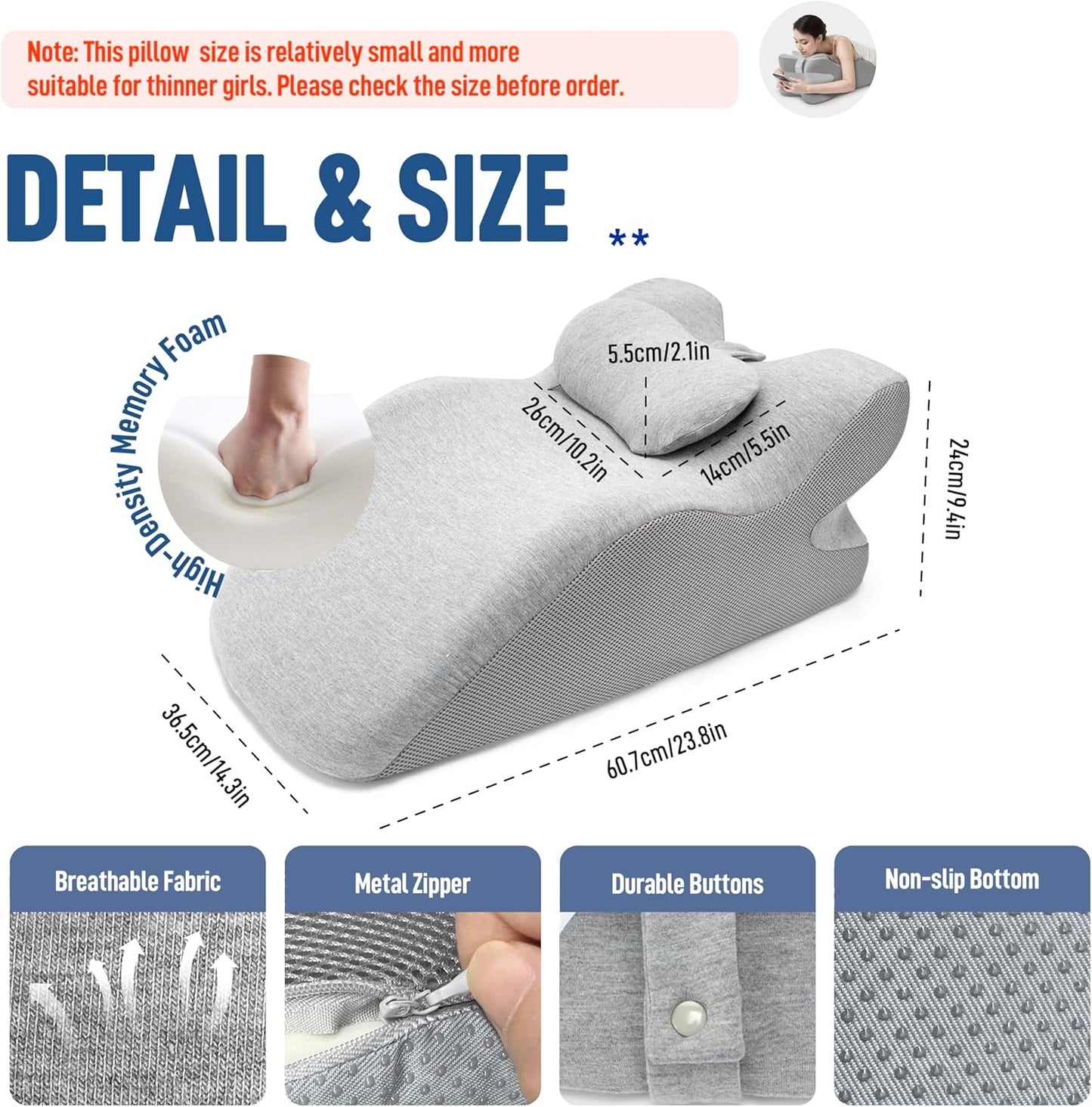 Daneey Reading Pillow for Bed Adult, Back Pillow for Bed Sitting Up, Back Support Pillow with Adjustable Headrest,Memory Foam Pillows for Abdomen, Lumbar, Back, Gray, 14.6 * 10 * 24IN