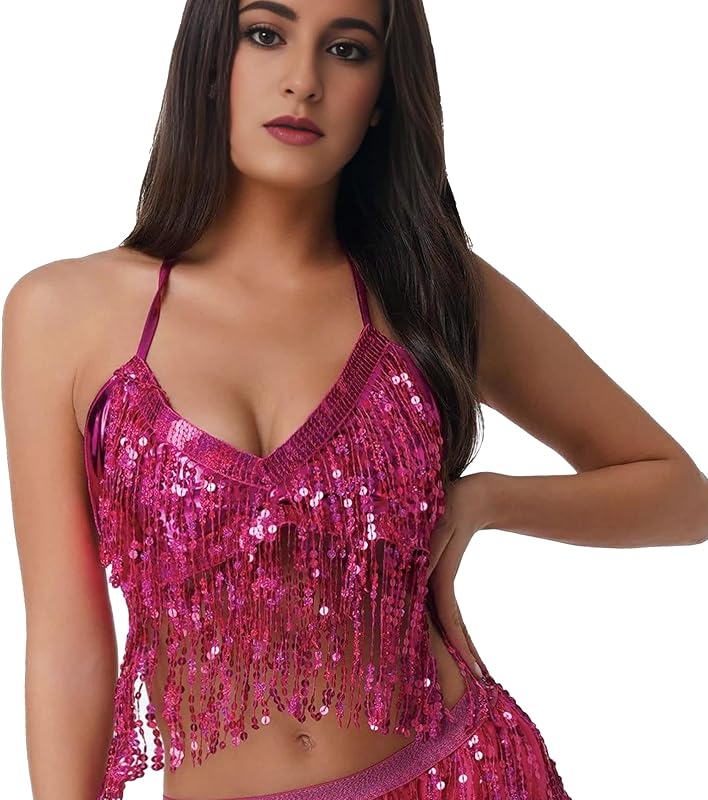 Wuchieal Women's Belly Dance Costume Sequin Bra Tassel Top with Chest Party Club Wear Bra Top