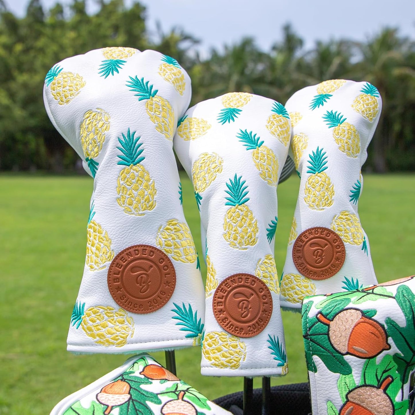 Golf Club Covers Pineapple Embroidery Driver Headcover Fariway Wood Headcover Hybrid Cover Leather Golf Head Cover for Most Brand