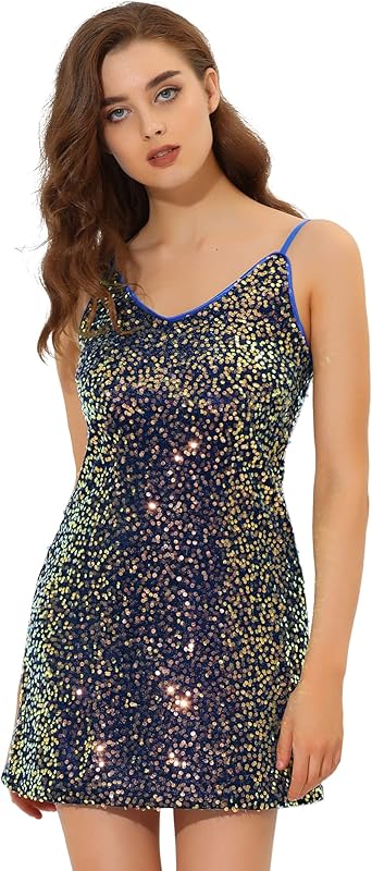 Allegra K Women's Party Glitter Dress Adjustable Strap Mini Sparkly Sequin Dresses