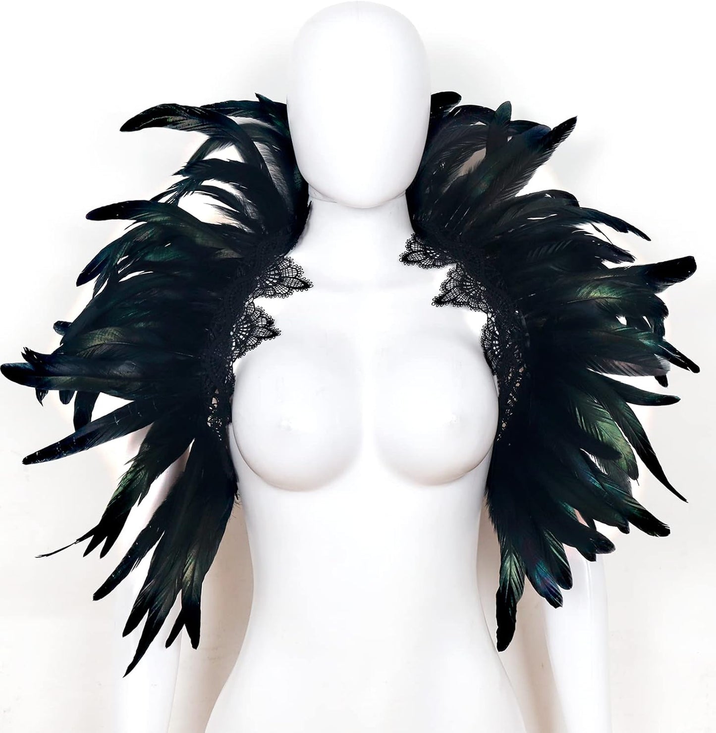 L'VOW Black Feather Shrug Cape Shoulder Wrap Lace Collar Halloween Costumes for Women
