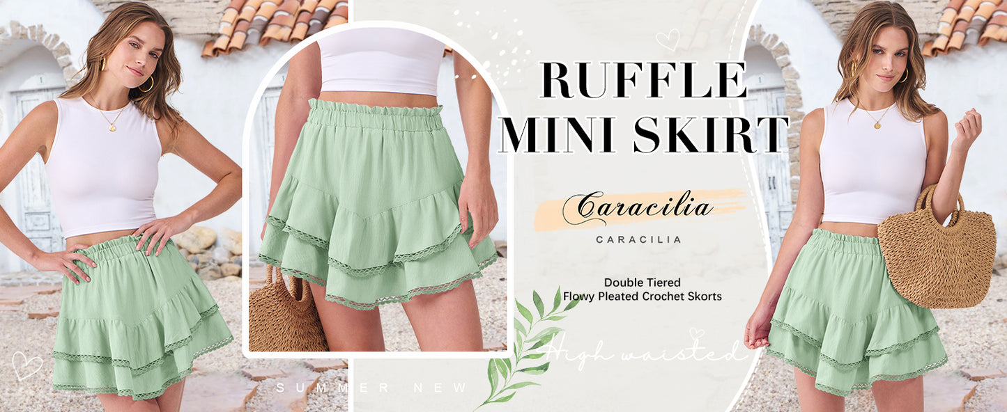 Caracilia Mini Skirts for Women Summer Casual Boho Crochet Ruffle Flowy Skirt Built in Shorts 2025 Fashion Trendy Skorts