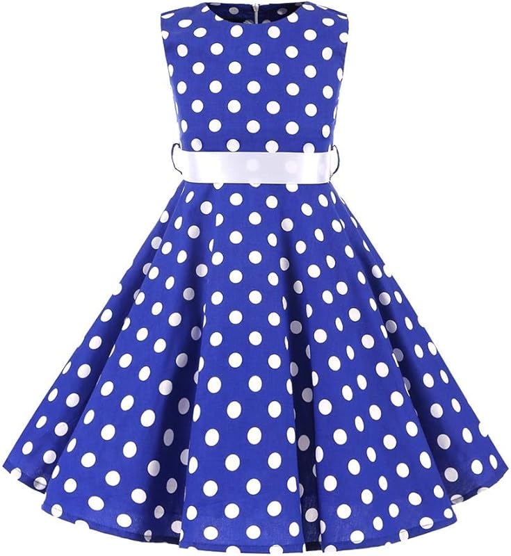 Kids Girls 50s Audrey Vintage Polka Dot Swing Party Rockabilly Dress Retro Peter Pan Doll Collar Wedding Casual Skater Dress