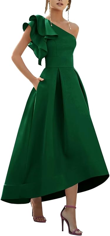 One Shoulder Satin Mother of Bride Dresses 2025 High-Low Ruffle Formal Evening Party Gowns