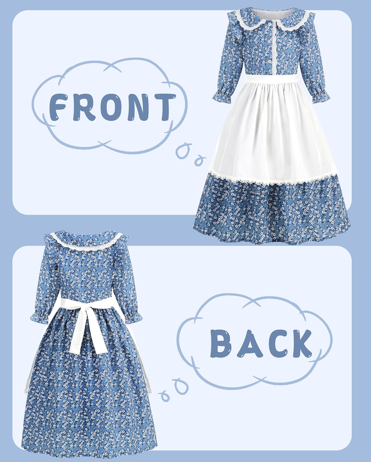 Girls Pioneer Costume Floral Colonial Prairie Dress for Little Kids with Apron and Bonnet