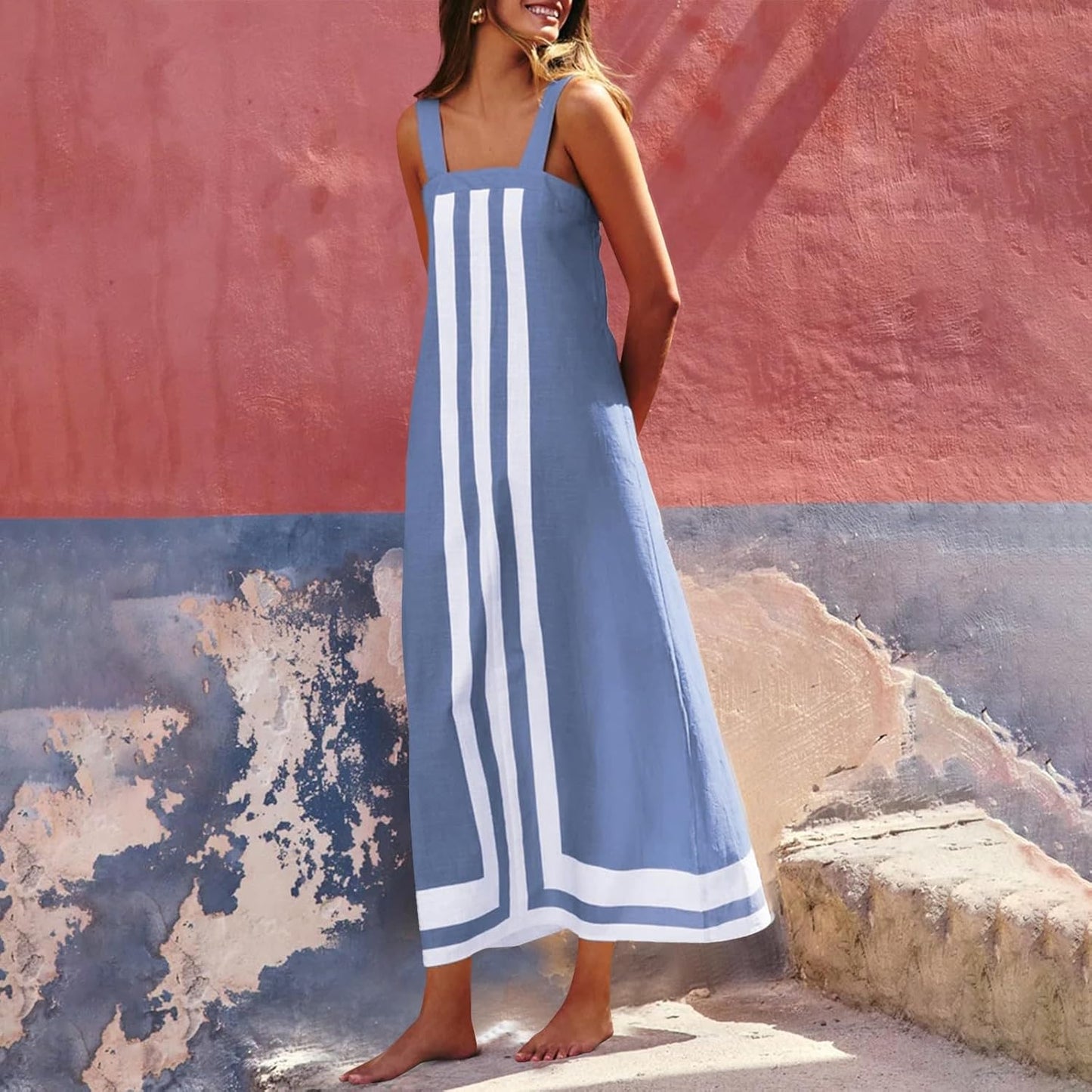 Color Block Dress for Women Sleeveless Boho Shoulder Strap Striped Flowy Beach Casual Summer Cover Up Maxi Long Dress
