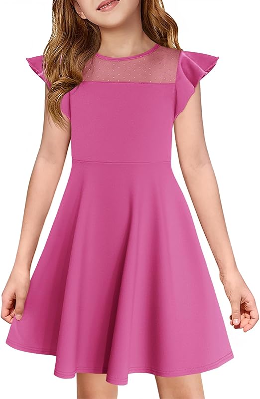 Haloumoning Girls Dress Summer Ruffle Sleeve Mesh A Line Casual Party Dresses with Pockets for Kids 4-14 Years
