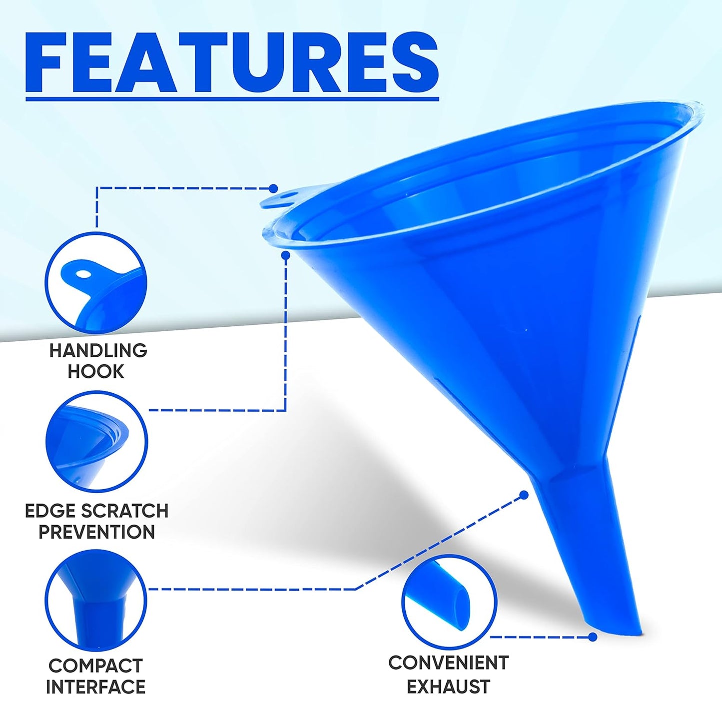 Liqvee Funnel Blue in 4 Different Sizes (122, 101, 76 & 50mm) Durable & Non-Toxic Food Grade Plastic -Funnels for Filling Bottles or Containers – Ideal for Kitchen, Garage & Labs (Blue)