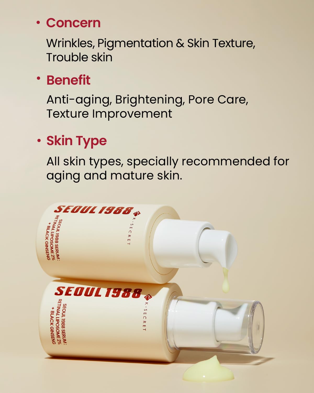 KSECRET SEOUL 1988 Serum : Retinal Liposome 2% + Black Ginseng, 30ml/1.01fl.oz | 58% Black Ginseng Extract | Retinal serum, Bakuchiol, VitaminC&3Peptides for Wrinkle Care | Korean Skincare | seoul1988