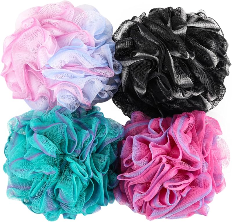 BTYMS 4 Pieces Shower Loofahs Bath Sponges 60g/pcs Mesh Puffs Body Scrub Luffas Bath Scrunchies for Shower Exfoliate
