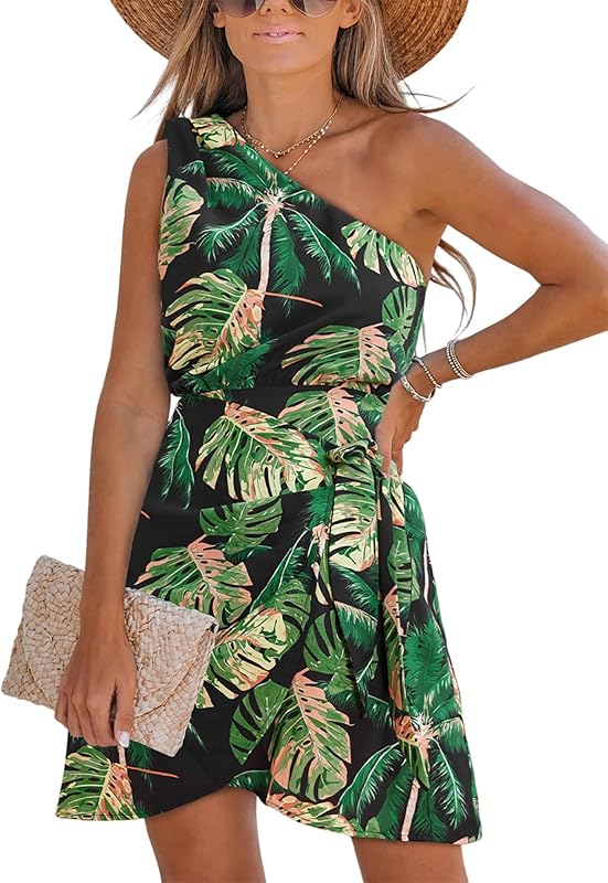 CUPSHE Women's One Shoulder Leaf Print Self-tie Short Dress Sleeveless Tiered Hem Formal Dress Casual Mini Dress