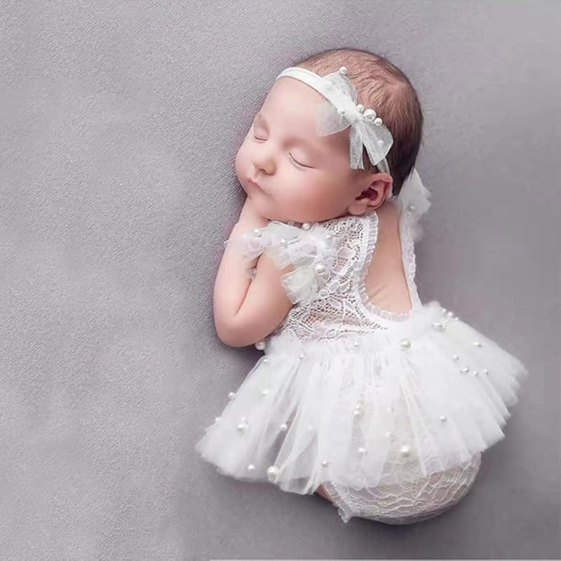 Newborn Photography Props Outfits Princess Baby Girl Pearl Lace Rompers Headdress Infant Baby Girl Photoshoot Costume