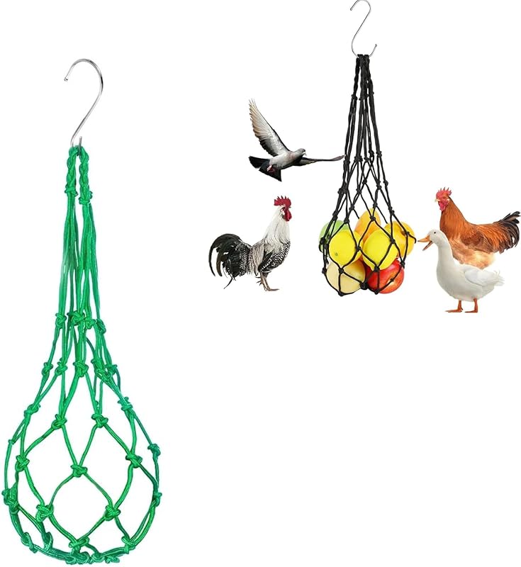 Chicken Vegetable Hanging Feeder, Chicken Vegetable String Bag, Poultry Fruit Holder Chicken Cabbage Feeder Treat Feeding Tool with S Hook for Hens Chicken Coop Toy for Hen Duck Accessories