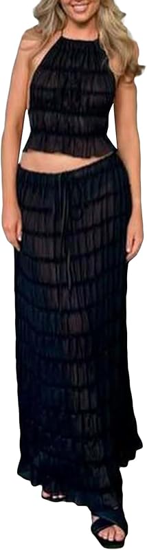 Unybwonn Maxi Skirt Set Summer Two Piece Outfits Backless Backless Halter Top Pleated Flowy Long Skirts Y2k Beach Set