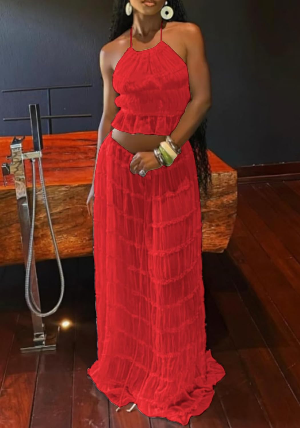 Unybwonn Maxi Skirt Set Summer Two Piece Outfits Backless Backless Halter Top Pleated Flowy Long Skirts Y2k Beach Set