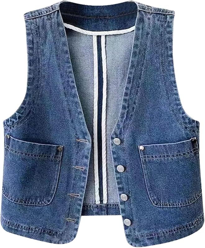 Womens Sleeveless Denim Vest V Neck Button Down Jean Waistcoat Y2K Casual Trendy Loose Fit Lightweight Jackets with Pockets