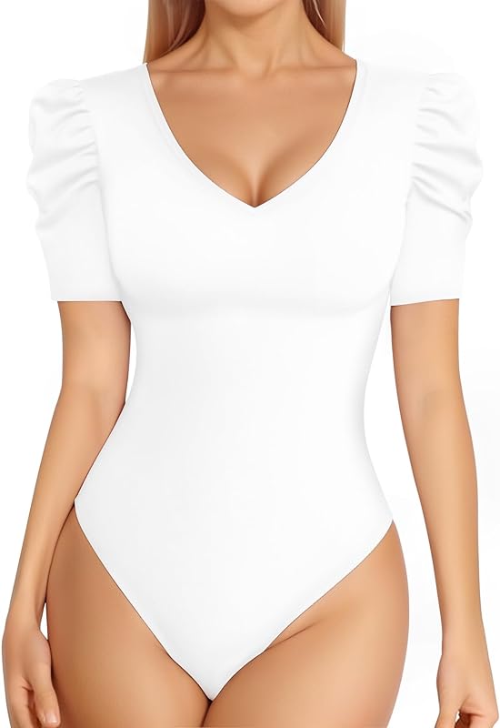 MANGOPOP Women's Bodysuit Deep V Neck Puff Short Sleeve Slim Fit Body Suits Casual Blouse Tops Elegant