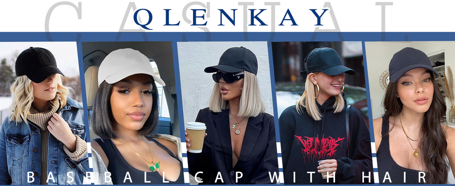 Qlenkay Baseball Cap with Hair Extensions Straight Short Bob Hairstyle Adjustable Removable Wig Hat 14inch for Woman Girl Ash Blonde Mix Bleach Blonde