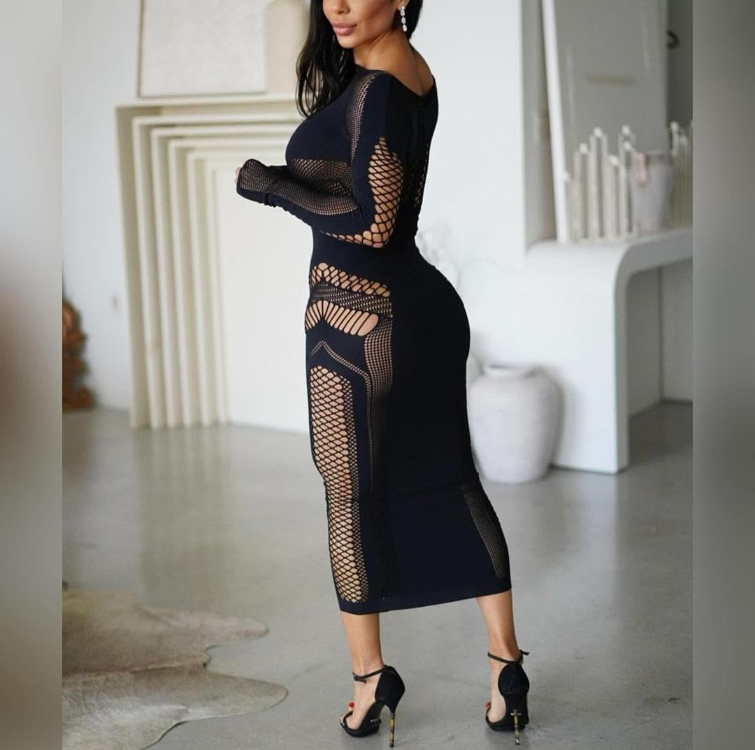 Women's Sexy Hollow Out Long Sleeves See Through Club One Piece Mesh Bodycon Maxi Dress