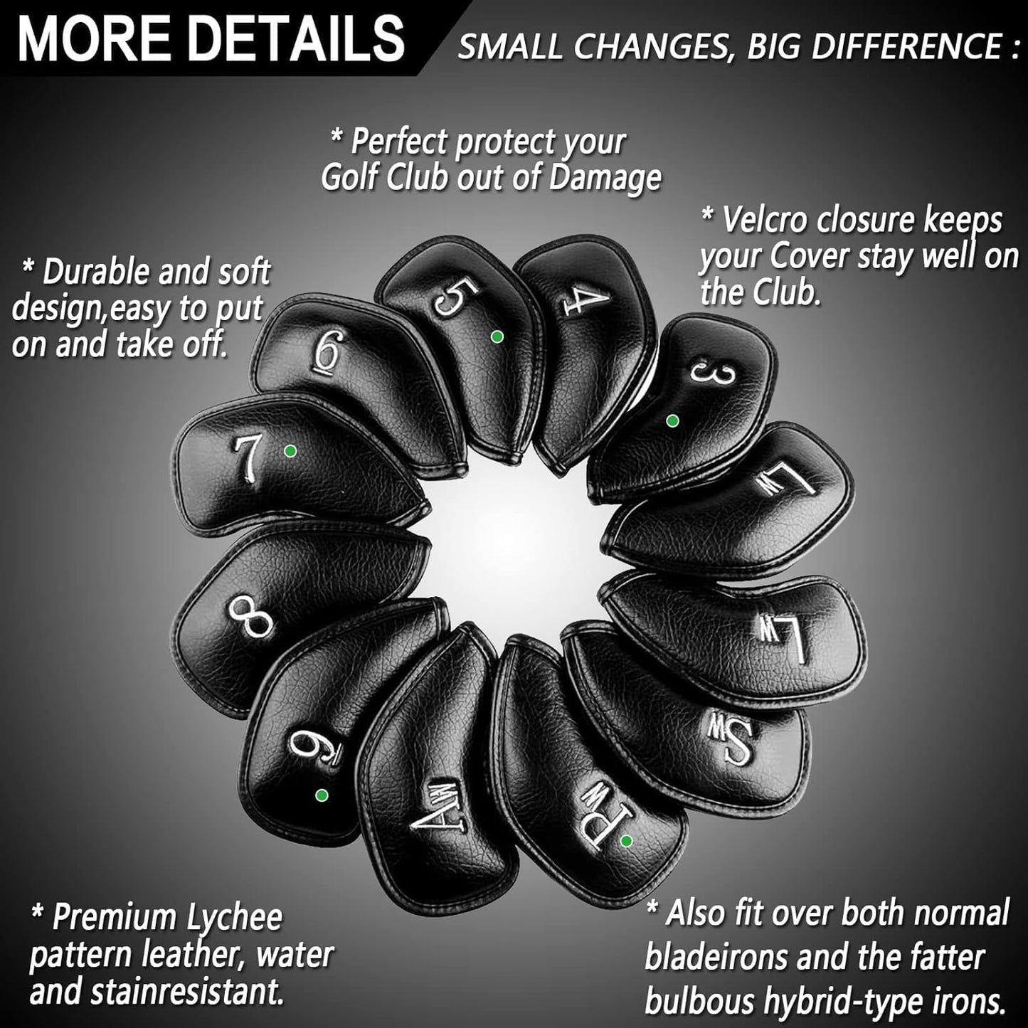 FINGER TEN Golf Iron Head Covers Value 12 Piece Set, Synthetic Leather Deluxe Club Headcover, Universal Fit Main Iron Clubs Gift Set