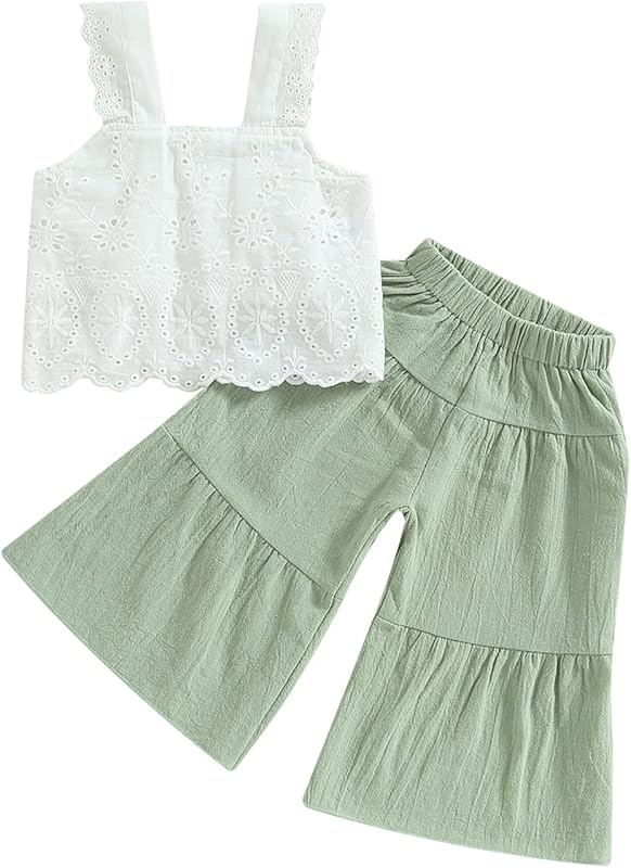 2PCS Baby Girl Sleeveless Strap Lace Crop Vest Tops + Flared Wide-Leg Pants Toddler Summer Outfits Set Clothes