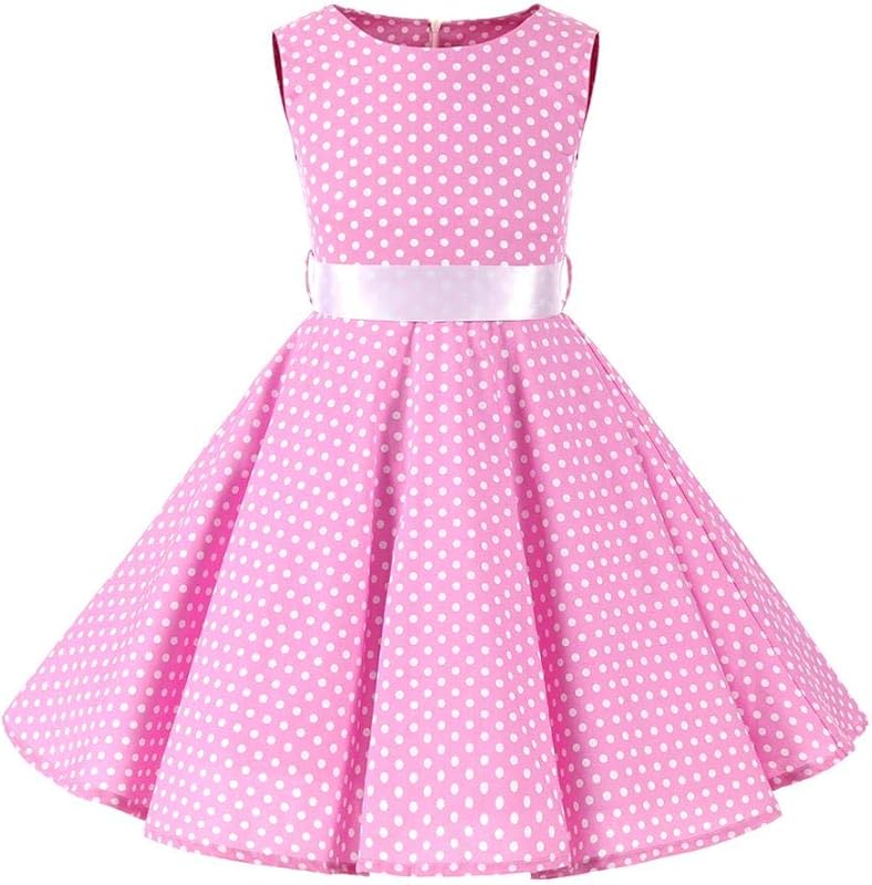Kids Girls 50s Audrey Vintage Polka Dot Swing Party Rockabilly Dress Retro Peter Pan Doll Collar Wedding Casual Skater Dress