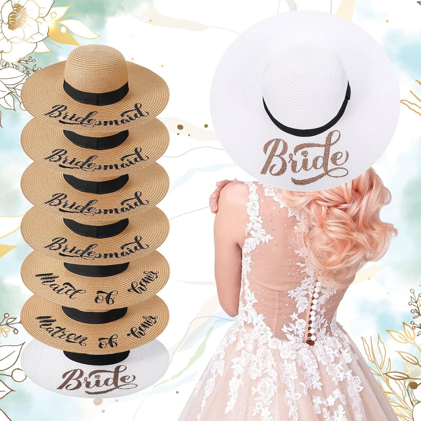 Geyoga 7 Pcs Bride and Bridesmaid Sun Hat Bulk Foldable Floppy Women Hat for Bachelorette Party Gift Honeymoon