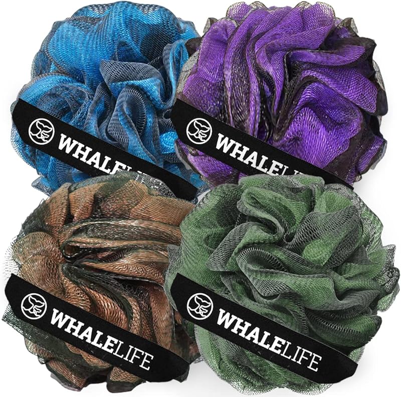 Loofah Sponge Bath Sponge for Women Men 4 Pack (Purple Brown Green Blue)