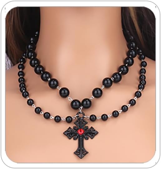 Gothic Cross Necklaces Layered Pearl Beads Cross Pendant Necklaces Punk Vintage Cross Chain Necklace Chunky Cross Necklace Gothic Jewelry for Women
