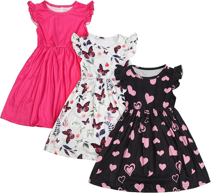 Toddler Little Girls Casual Dresses Short Sleeve Crew Neck Graphic Cartoon Dress for 2-8 Years
