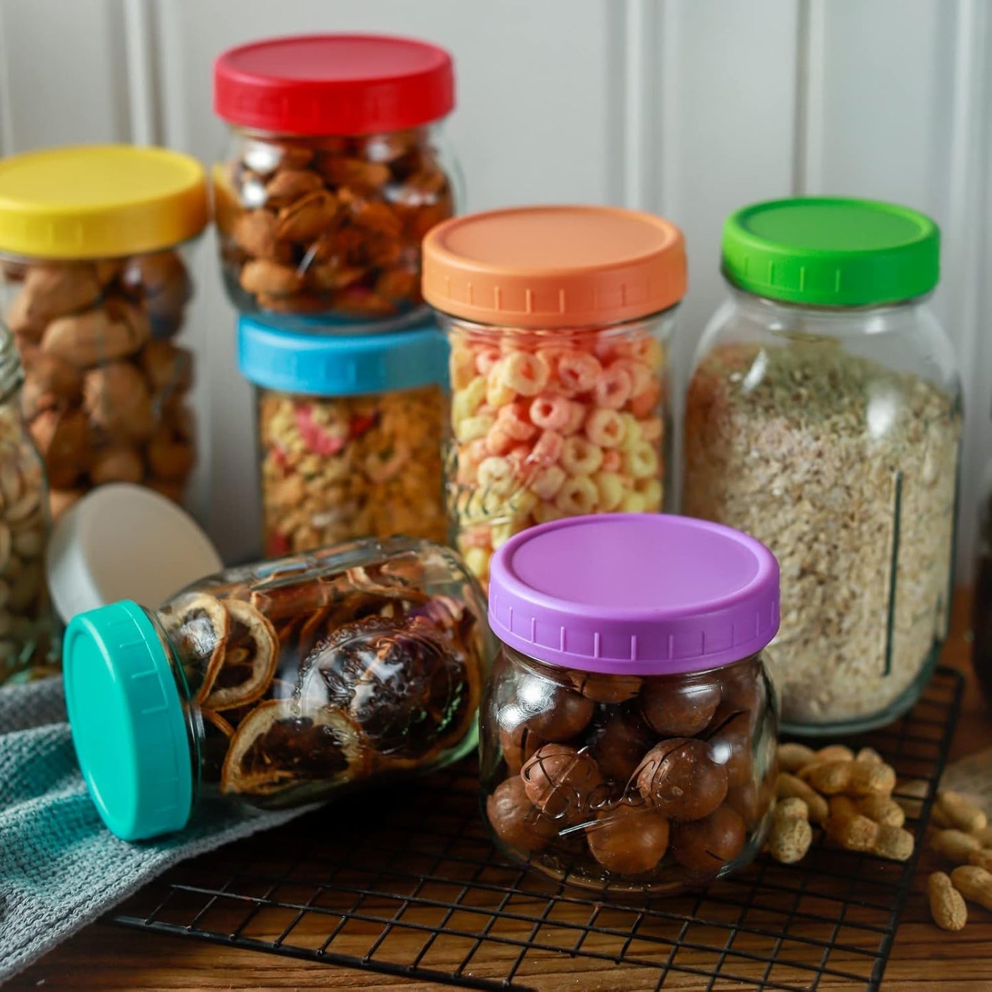 18 Pack 9 Wide Mouth & 9 Regular Mouth Mason Jar Lids with Silicone Rings,Thickened Leak-proof Lids Fit Ball,Kerr and More, 18 Color Plastic Lids, 86mm &70mm Plastic Mason Jar Lids