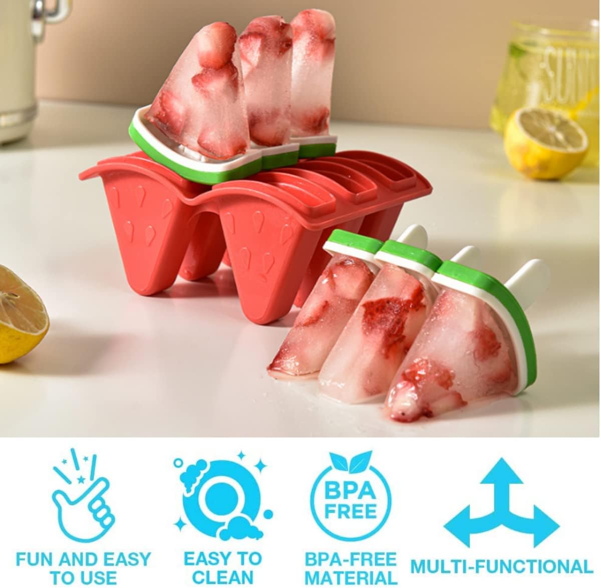 Crethinkaty Popsicle Mold Set, 6 Watermelon Popsicle Maker, Reusable Ice Cream Molds - Dishwasher Safe, Tolder Babies and Homemade Popsicle