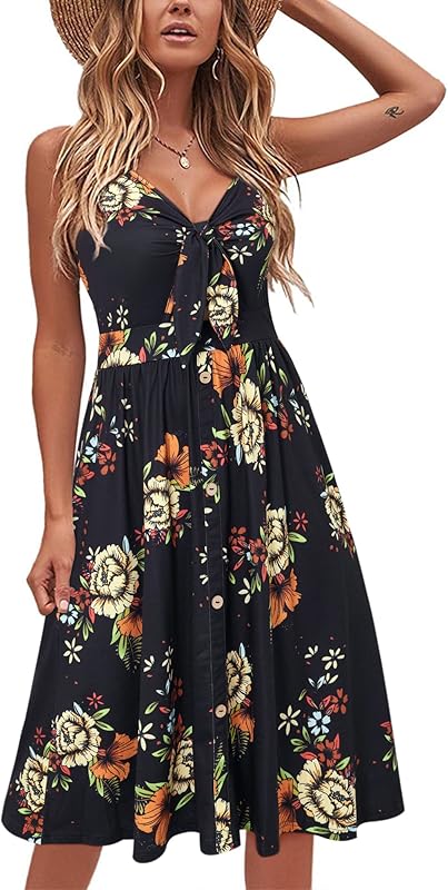 VOTEPRETTY Womens Summer Dresses Tie Front Beach Dress Spaghetti Strap Sundress with Pockets for Party Vacation