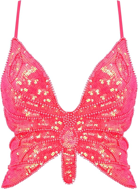 Mocure Womens Glitter Sequin Butterfly Crop Top Low-Cut Tank Top Rave Tube Vest Top for Belly Dance Costume Outfits