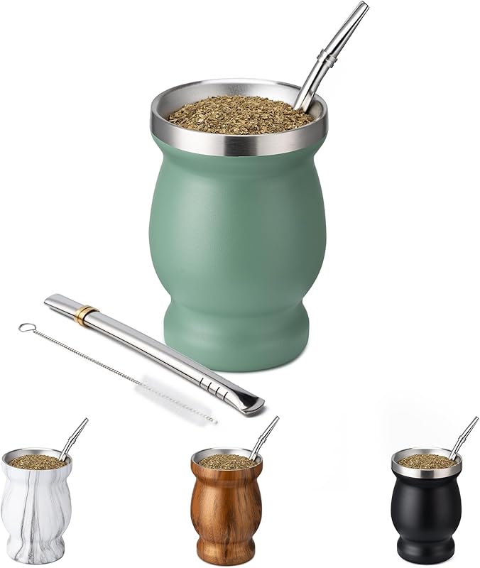 8oz Yerba Mate Cup, 304 Stainless Steel Double-Wall Mate Cup, Heat Insulation Yerba Mate Gourd, Tea Cup Set Includes Cleaning Brush & 2 Bombillas (Black)