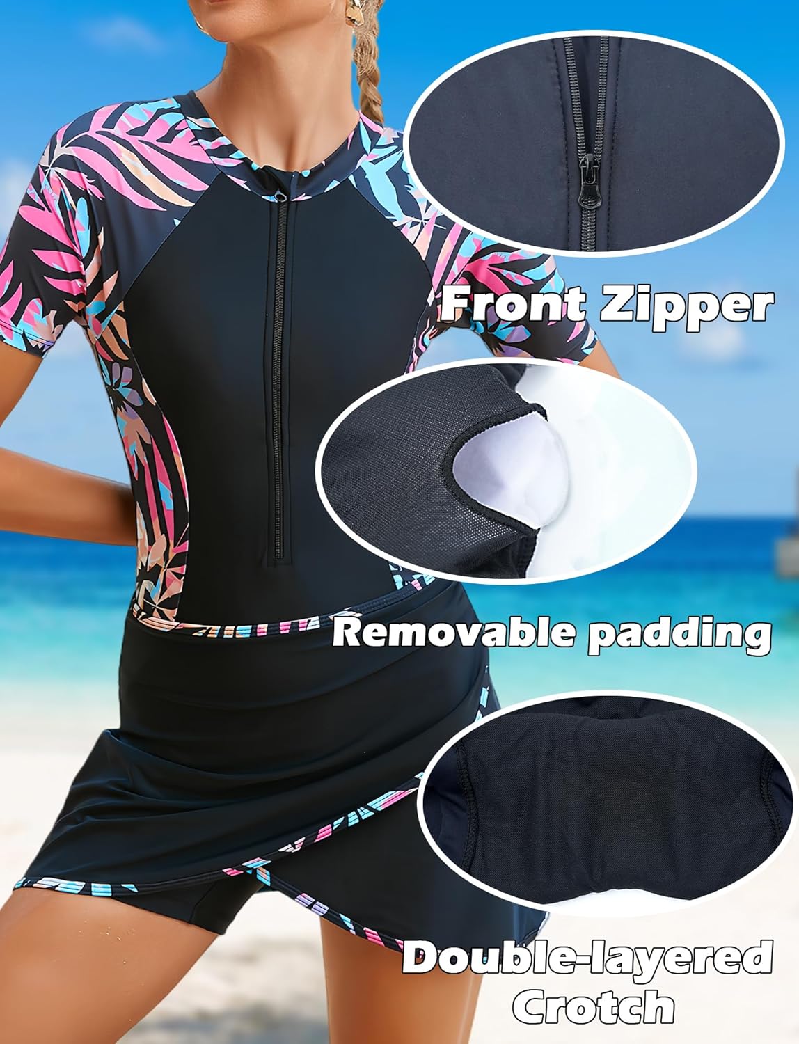 SEAUE Women's Short Sleeve Rash Guard One Piece Bathing Suit with Skirt Zip Front Swimwear UPF 50+