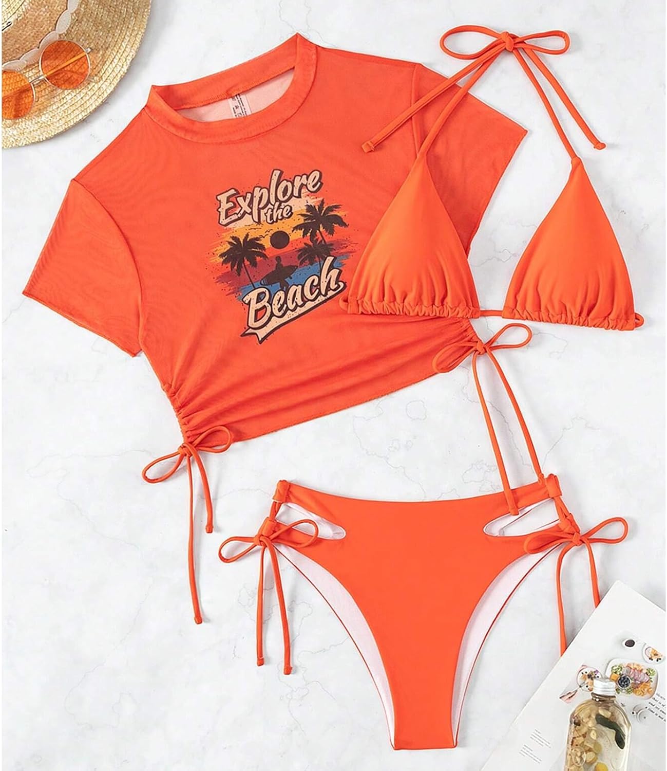 Women's 3 Piece Swimsuit Halter String Bikini Tie Side Mesh Short Sleeve Bathing Suits
