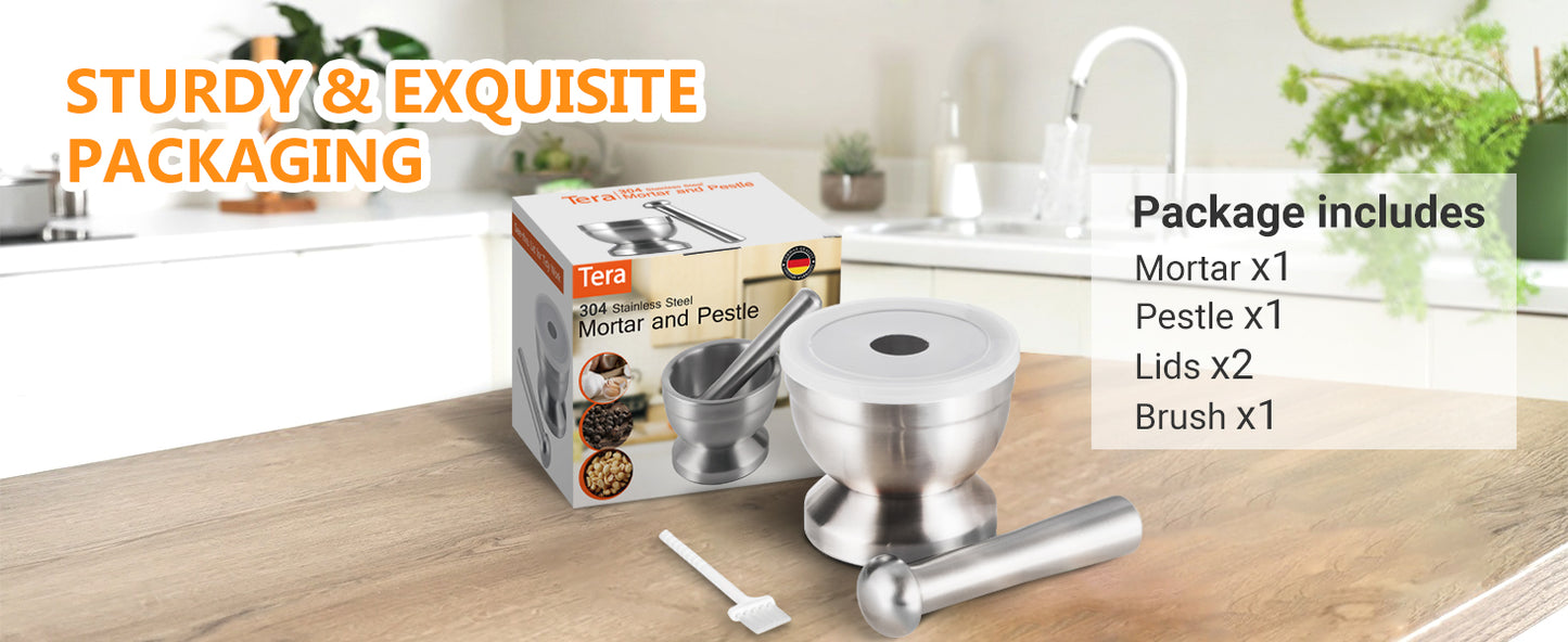 Tera 18/8 Stainless Steel Mortar and Pestle with Brush,Pill Crusher,Spice Grinder,Herb Bowl,Pesto Powder