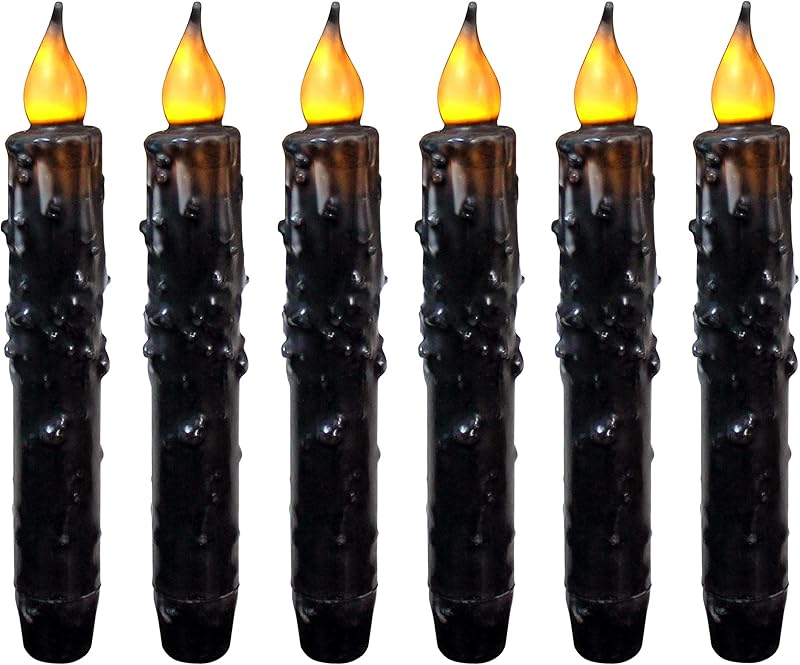CVHOMEDECO. Real Wax Hand Dipped Battery Operated LED Timer Taper Candles Country Primitive Flameless Lights Décor, 6-3/4 Inch, Matt Black, 3 PCS in a Package