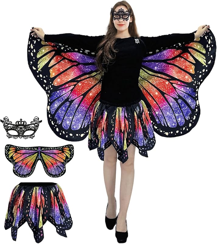Butterfly Costumes for Women - Double-Sided Printing Butterfly Wings Cape with Skirt for Adults Halloween Costumes