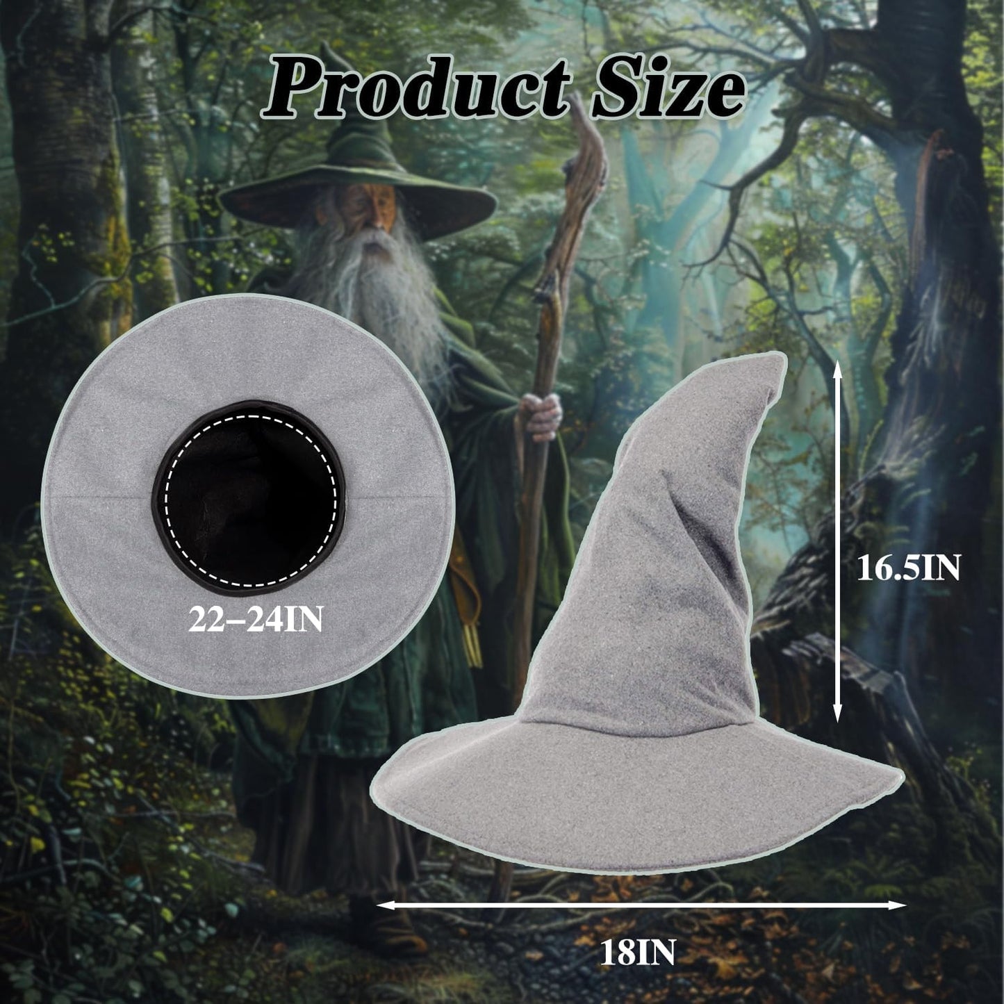 Wizard Hat, 18IN Large Witch Hat for Witch Costume, Funny Cosplay Accessories for Halloween Costume (Gray)