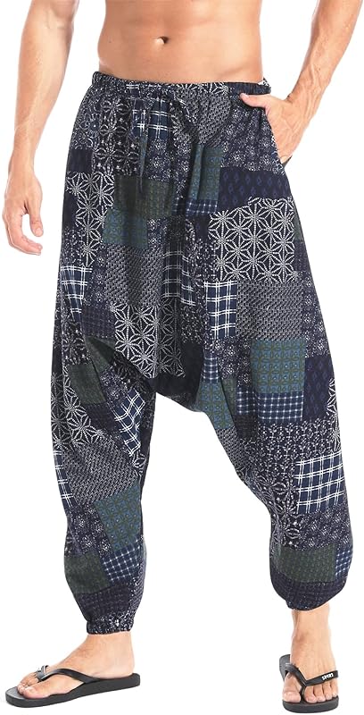 AITFINEISM Men's Drawstring Aladdin Hippie Harem Pants Loose Drop Crotch Trousers - TrendyLookz