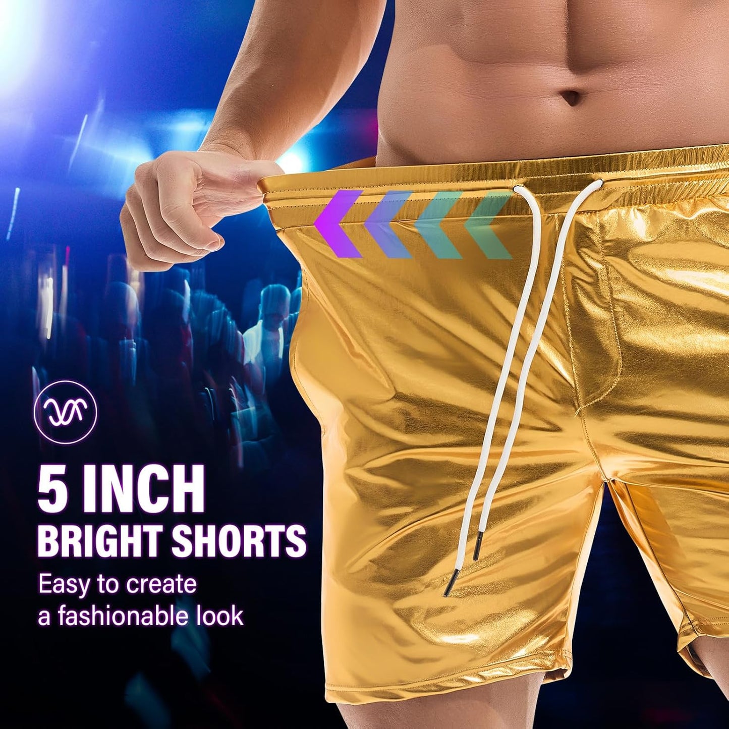 AMY COULEE Mens Metallic Shorts 5" Shiny Holographic Disco Shorts Outfit Sparkly Rave Hot Drawstring Shorts - TrendyLookz