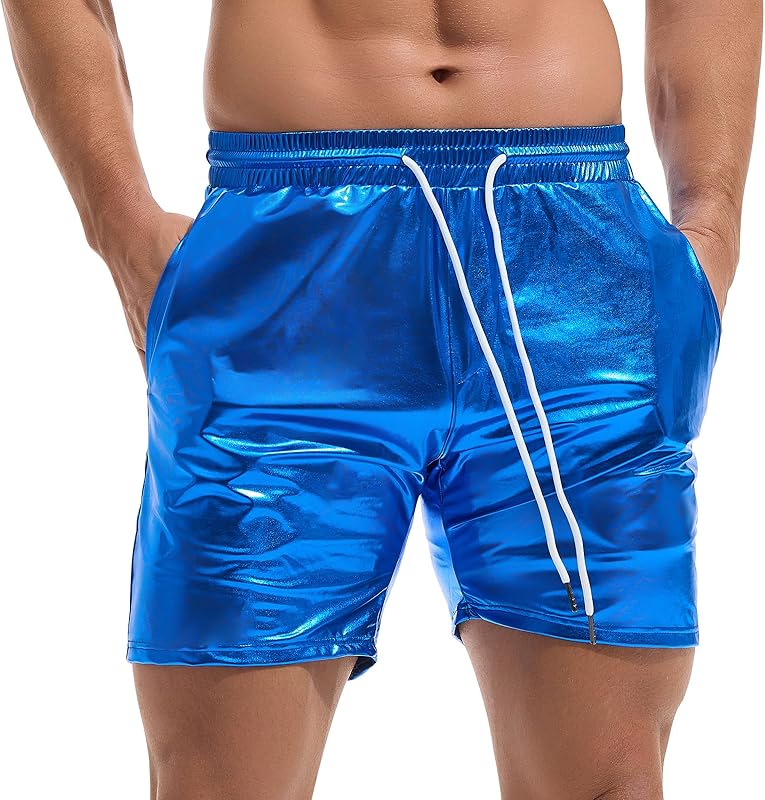 AMY COULEE Mens Metallic Shorts 5" Shiny Holographic Disco Shorts Outfit Sparkly Rave Hot Drawstring Shorts - TrendyLookz