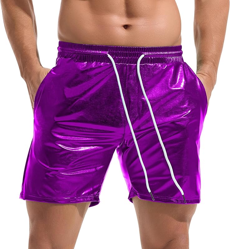 AMY COULEE Mens Metallic Shorts 5" Shiny Holographic Disco Shorts Outfit Sparkly Rave Hot Drawstring Shorts - TrendyLookz