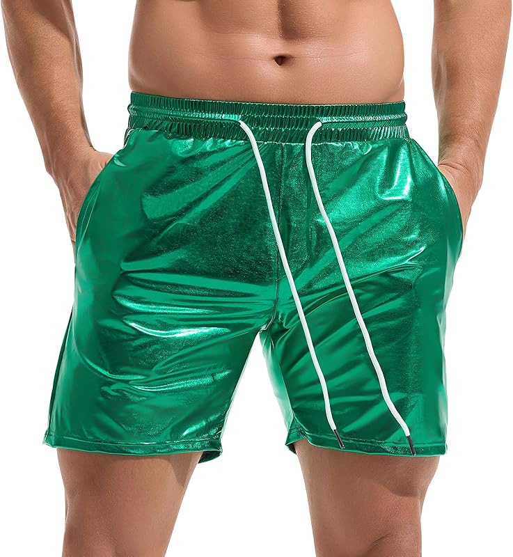 AMY COULEE Mens Metallic Shorts 5" Shiny Holographic Disco Shorts Outfit Sparkly Rave Hot Drawstring Shorts - TrendyLookz